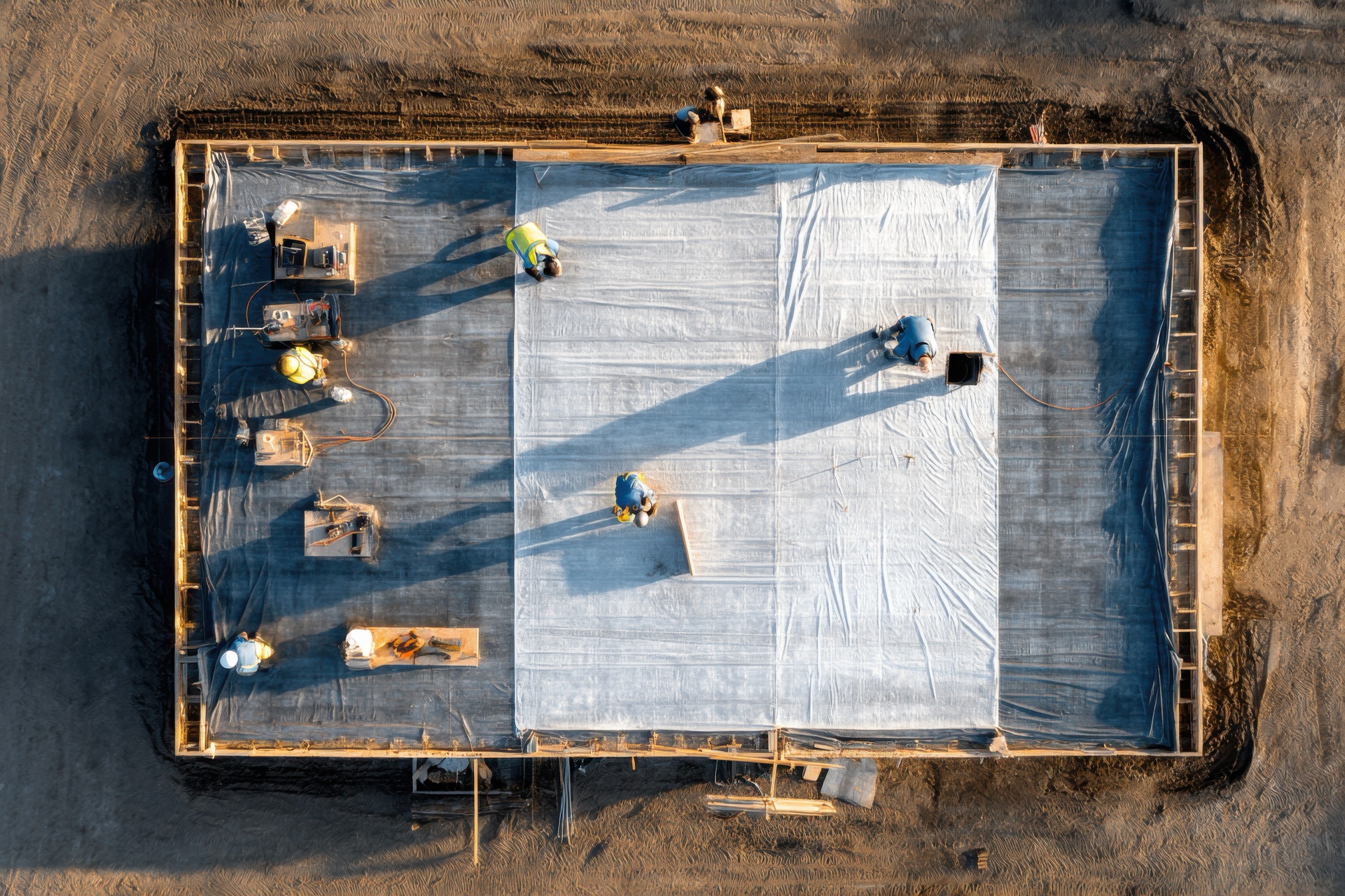 Construction workers on building site — aerial view